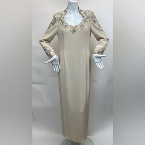 Vintage Oleg Cassini Black Tie Cream Beaded Evening Gown- Size 10